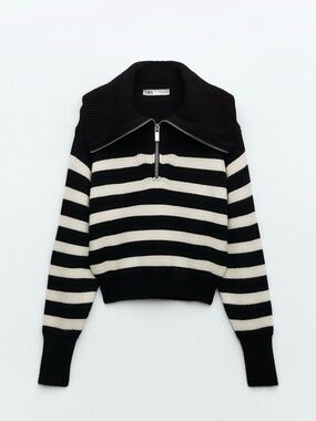 NWOT Zara Black & White Striped Half-Zip Quarter Knit Sweater